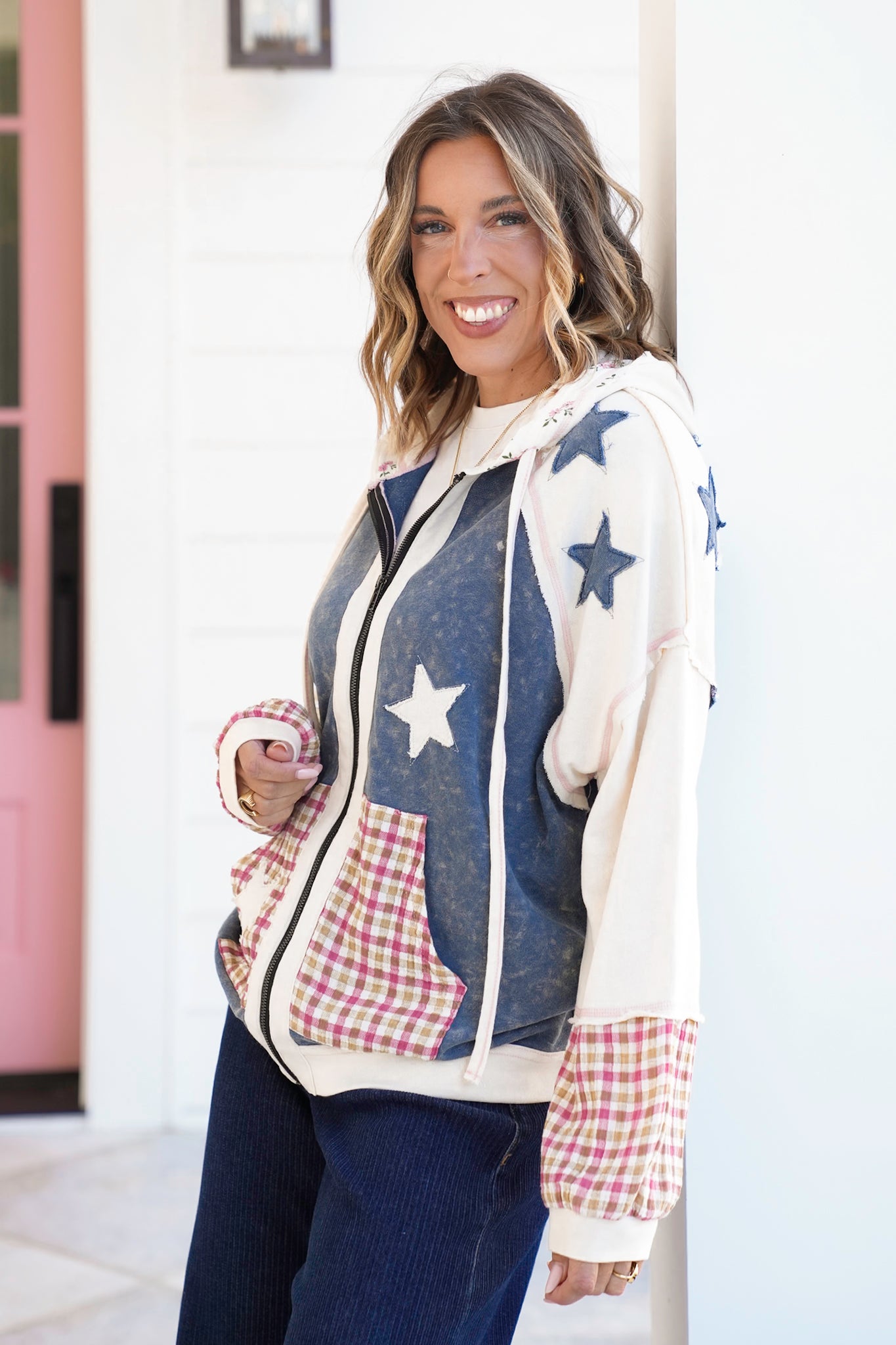 Color Block Long Sleeve Zip-Up Hoodie with Stars