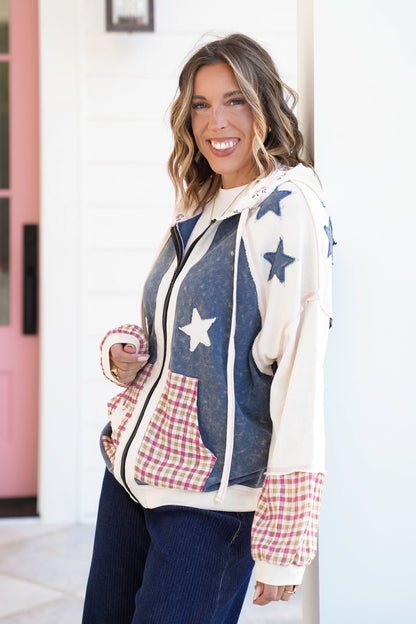 Color Block Long Sleeve Zip-Up Hoodie with Stars