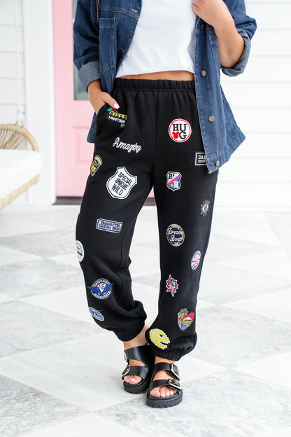 Plus/Reg High Waisted Joggers Pants with Patch Detail