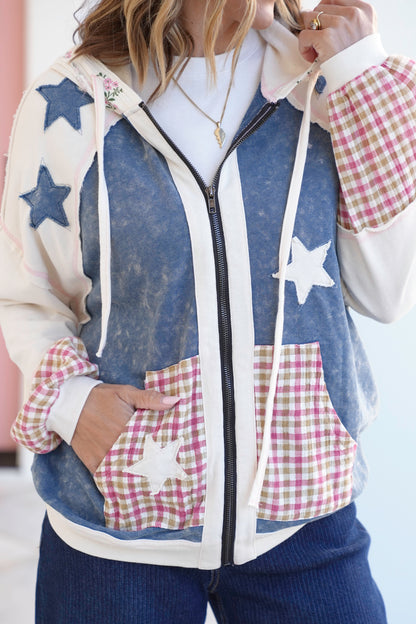 Color Block Long Sleeve Zip-Up Hoodie with Stars