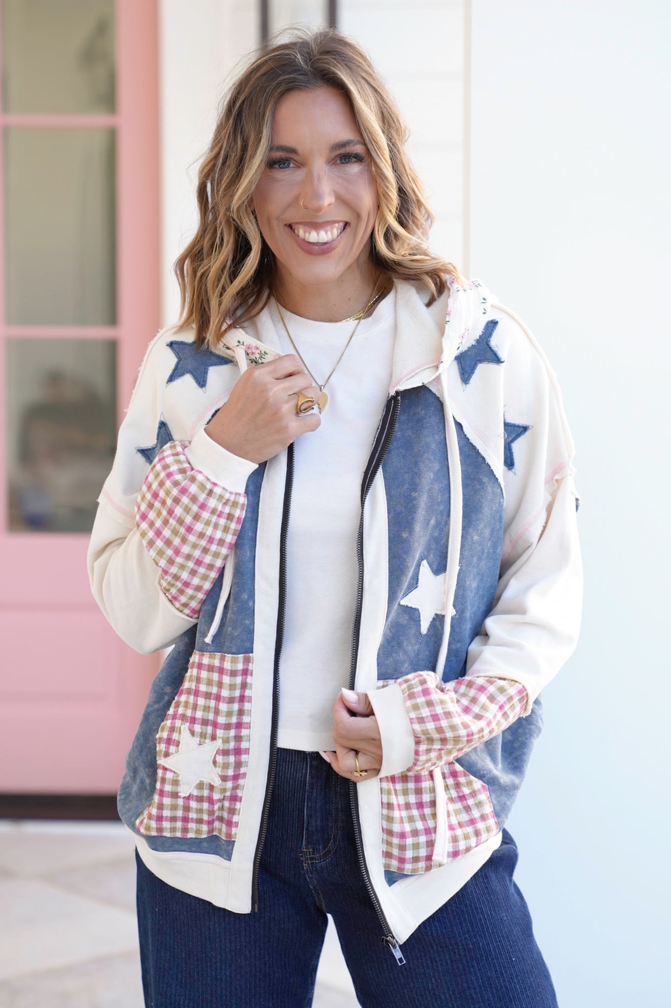 Color Block Long Sleeve Zip-Up Hoodie with Stars