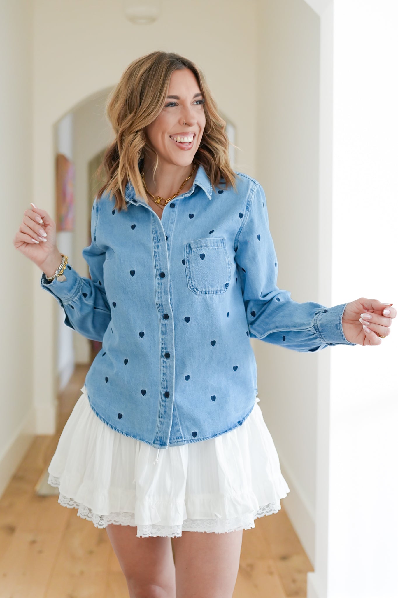 Plus/Reg Risen Long Sleeve Heart Embroidered Button Down Shirt