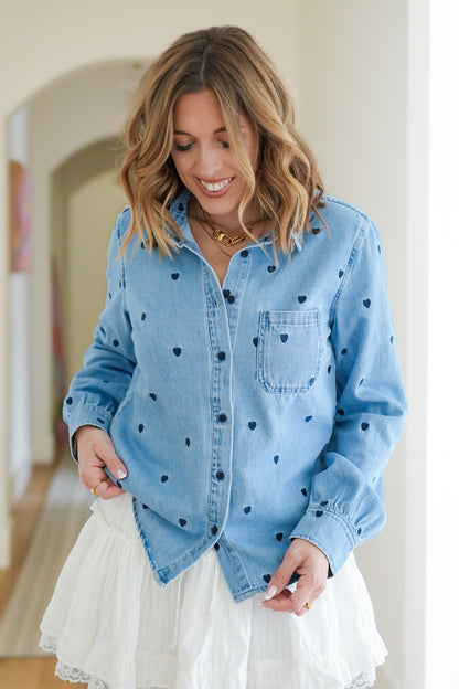 Plus/Reg Risen Long Sleeve Heart Embroidered Button Down Shirt