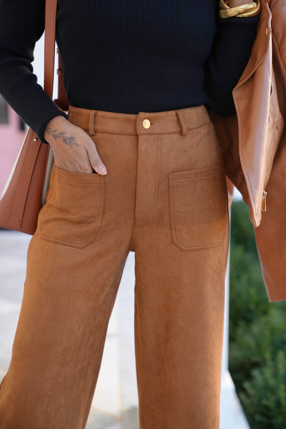 Plus/Reg Vegan Suede Elastic Waist Pants with Front Patch Pocket