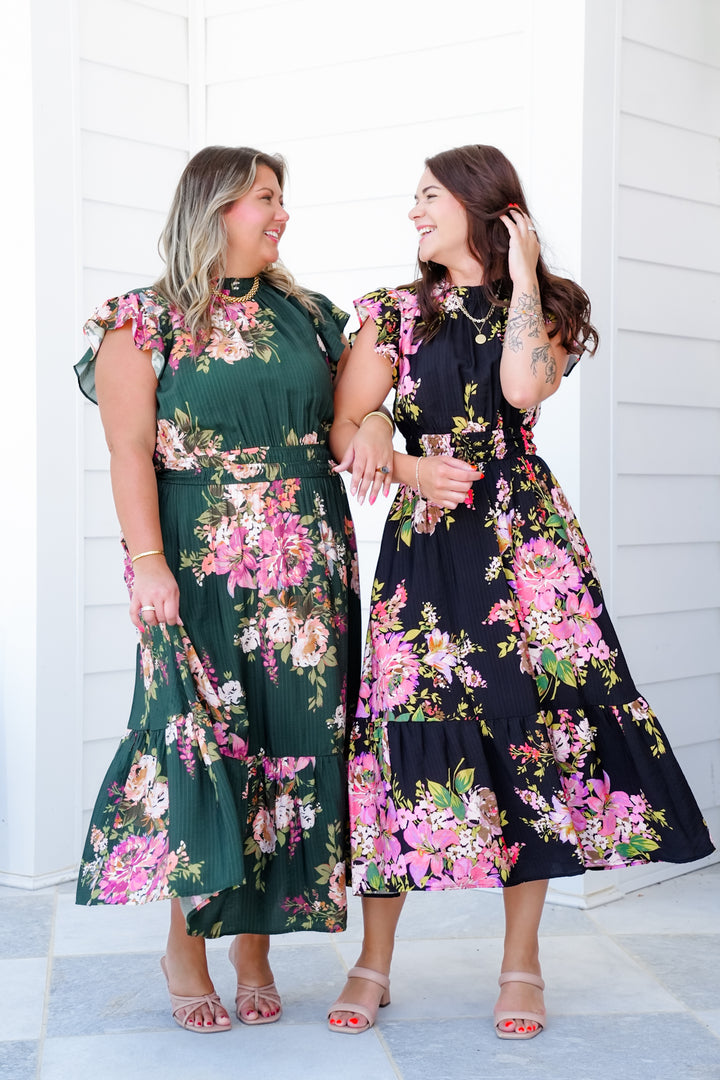 Plus/Reg Floral Flutter Sleeve Ruffle Neck Midi Dress