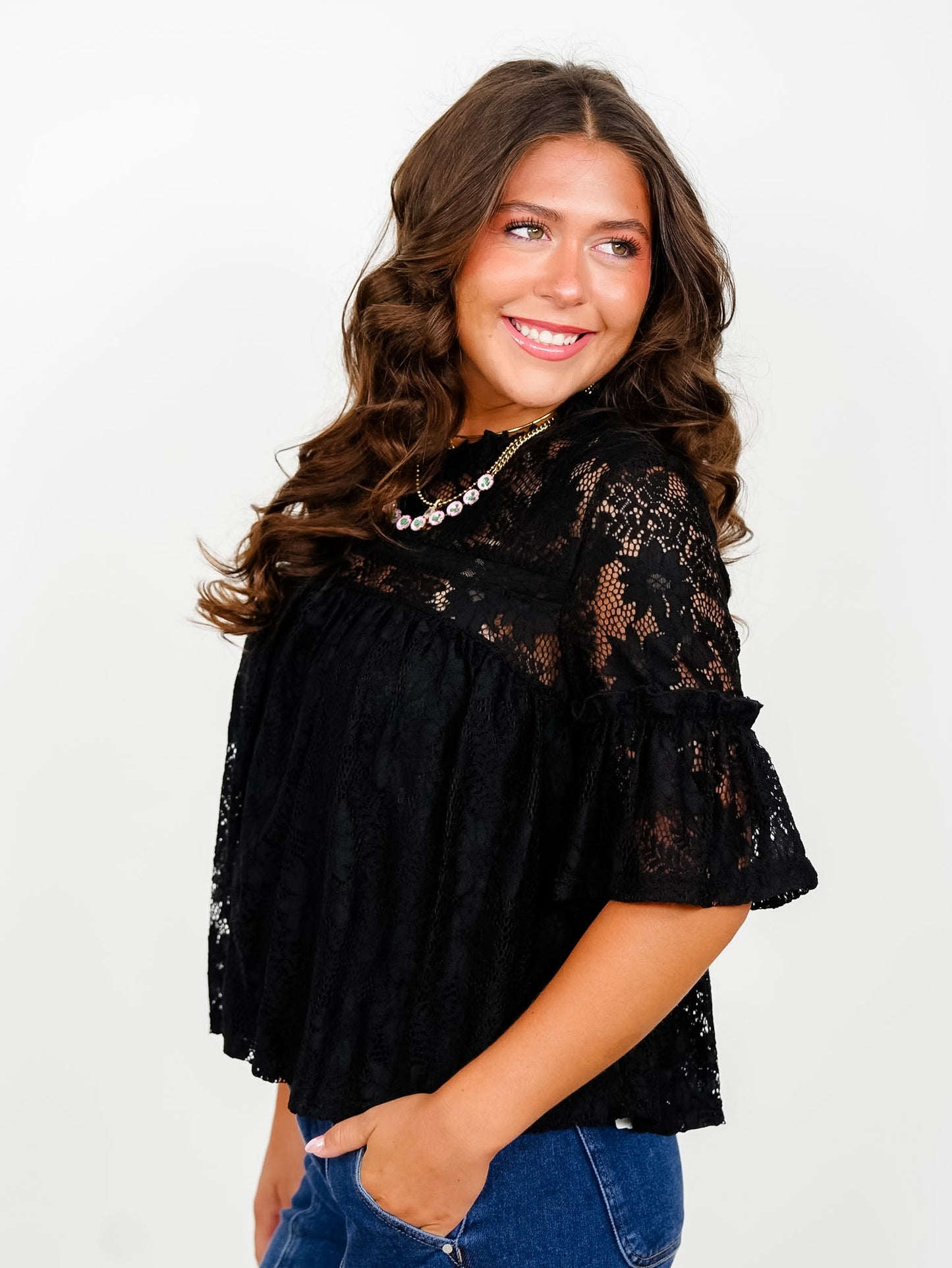 Short Sleeve Ruffled Lace Top - Freckled Poppy