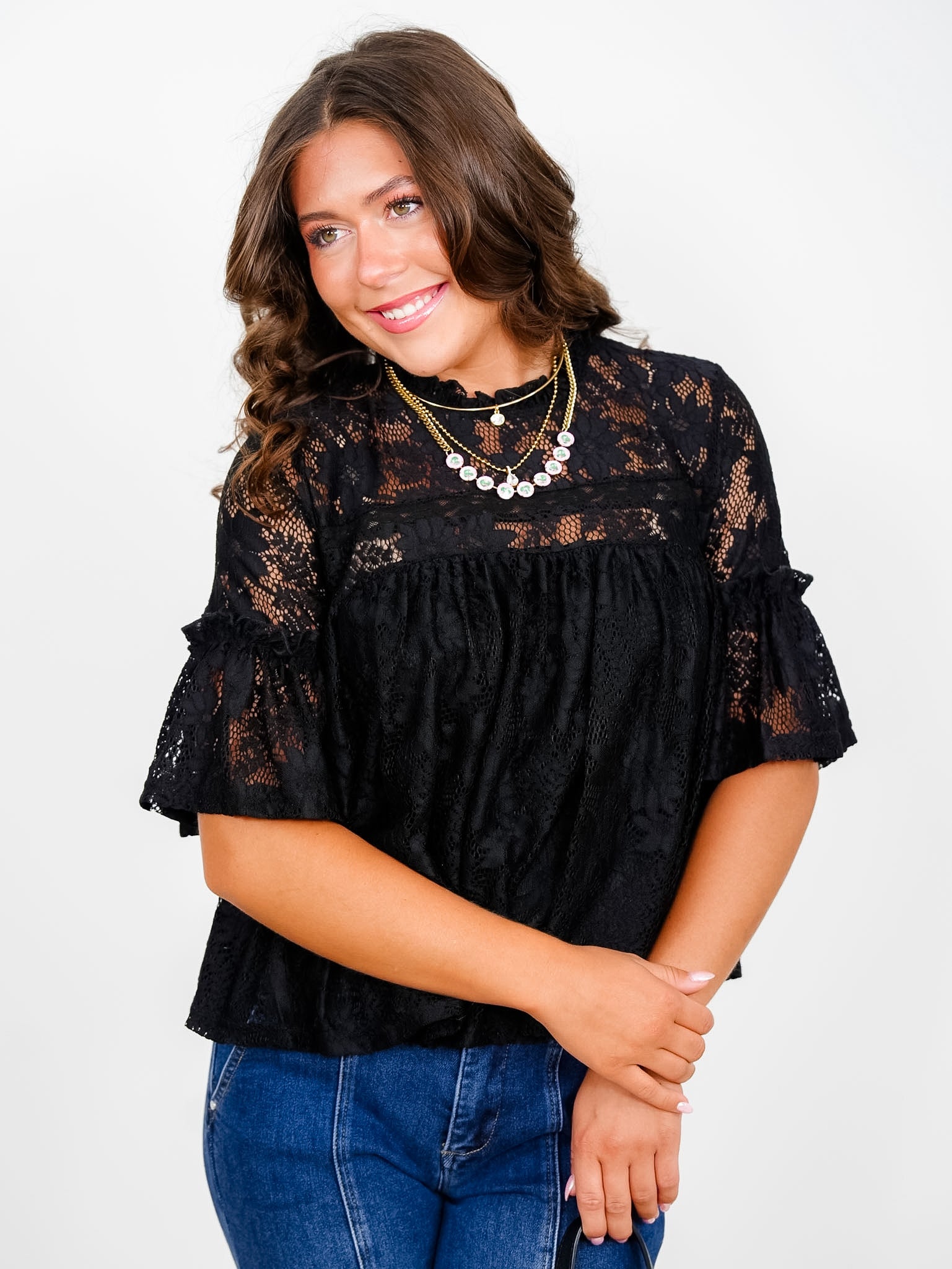 Short Sleeve Ruffled Lace Top - Freckled Poppy