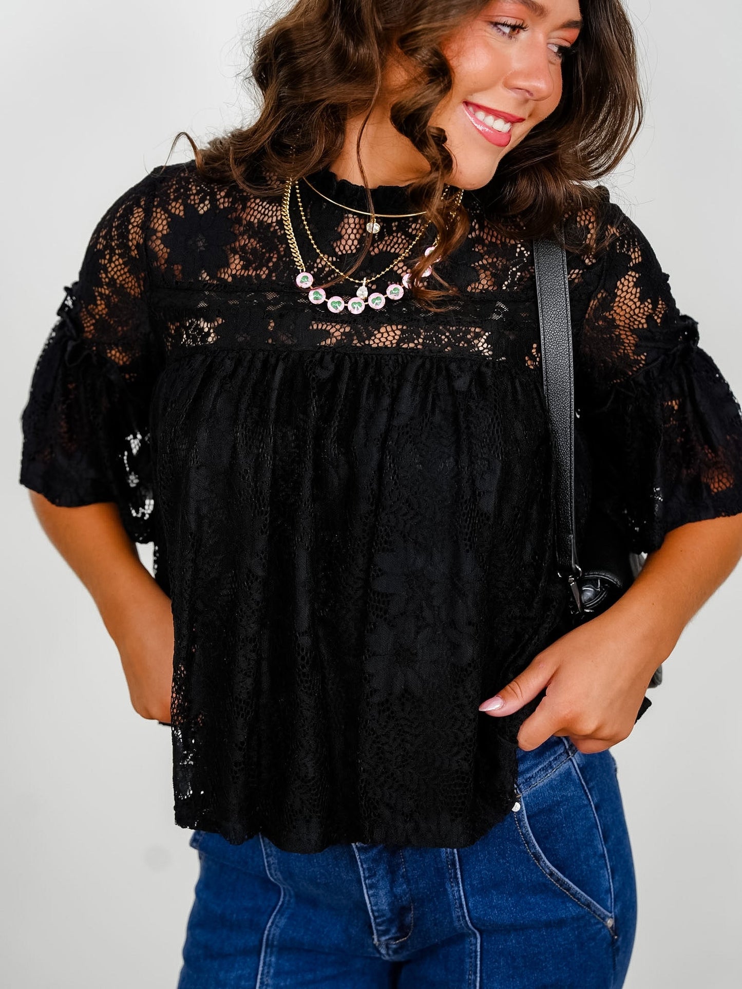Short Sleeve Ruffled Lace Top - Freckled Poppy