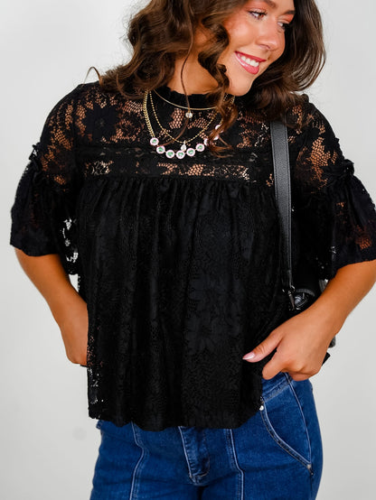 Short Sleeve Ruffled Lace Top - Freckled Poppy