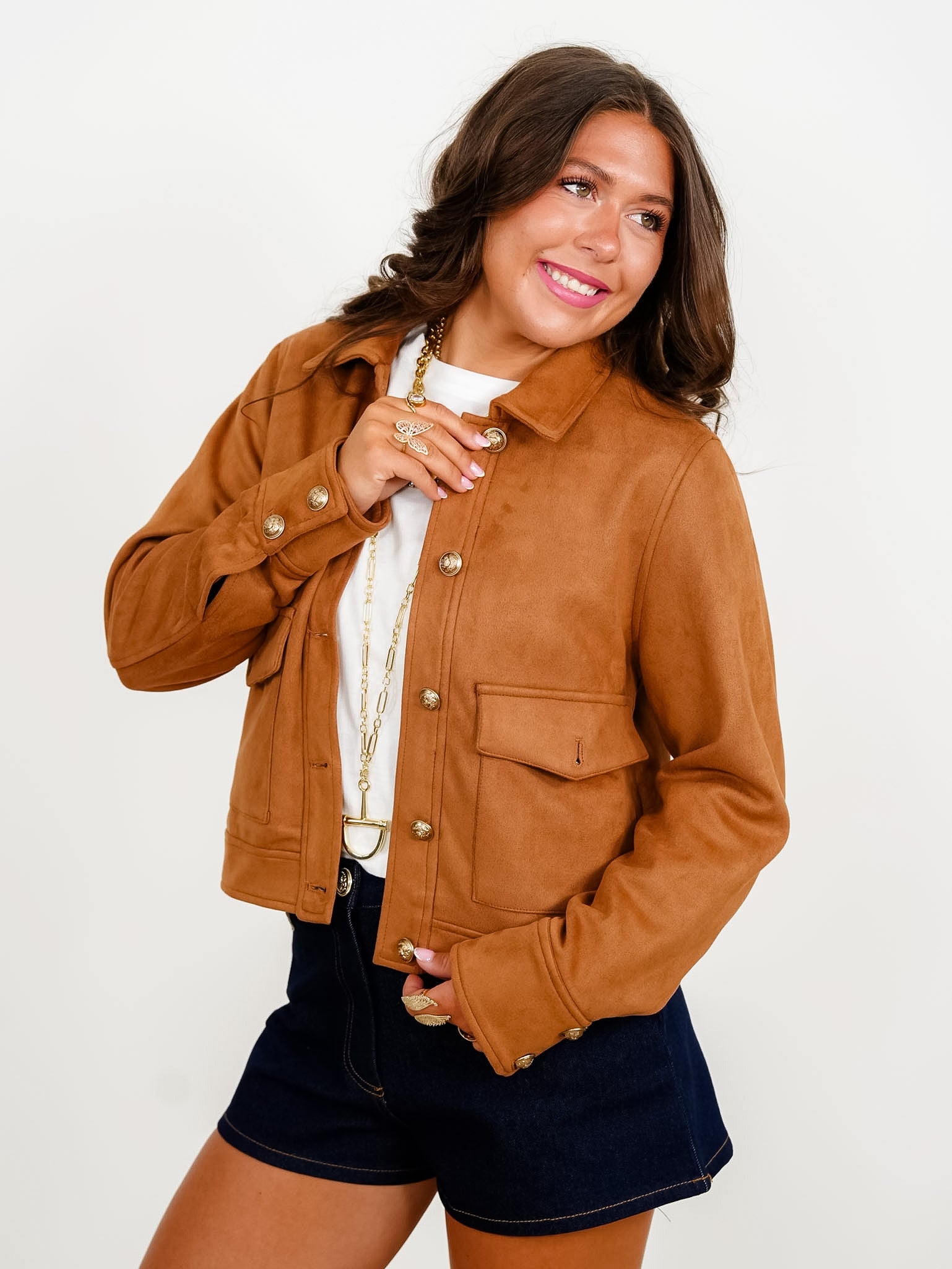 Vegan Suede Long Sleeve Button Down Jacket - Freckled Poppy