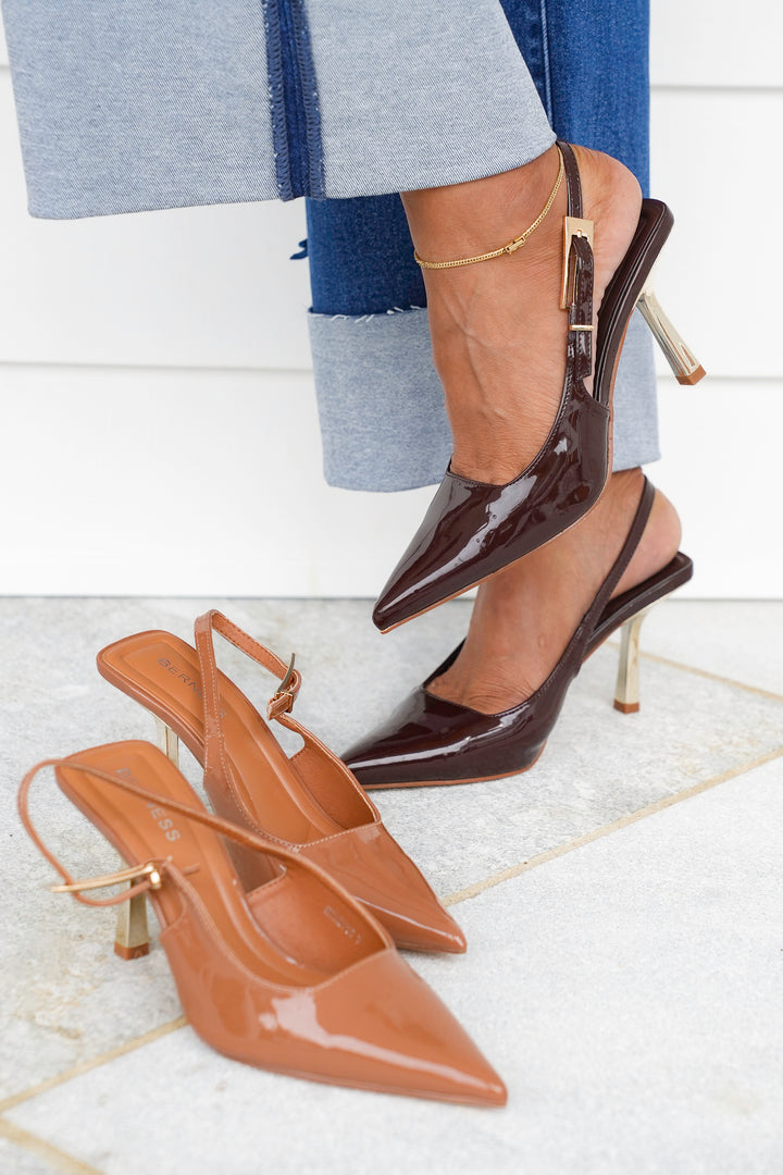 Glossy Slingback Heels with Gold Buckle