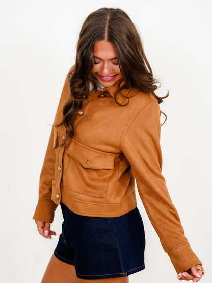Vegan Suede Long Sleeve Button Down Jacket - Freckled Poppy
