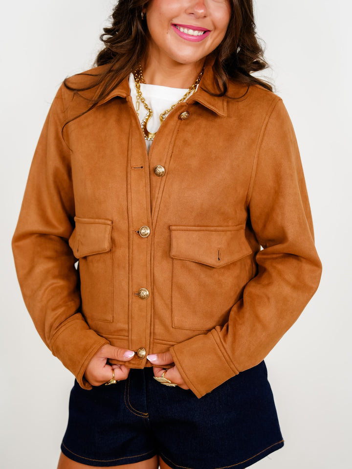 Vegan Suede Long Sleeve Button Down Jacket