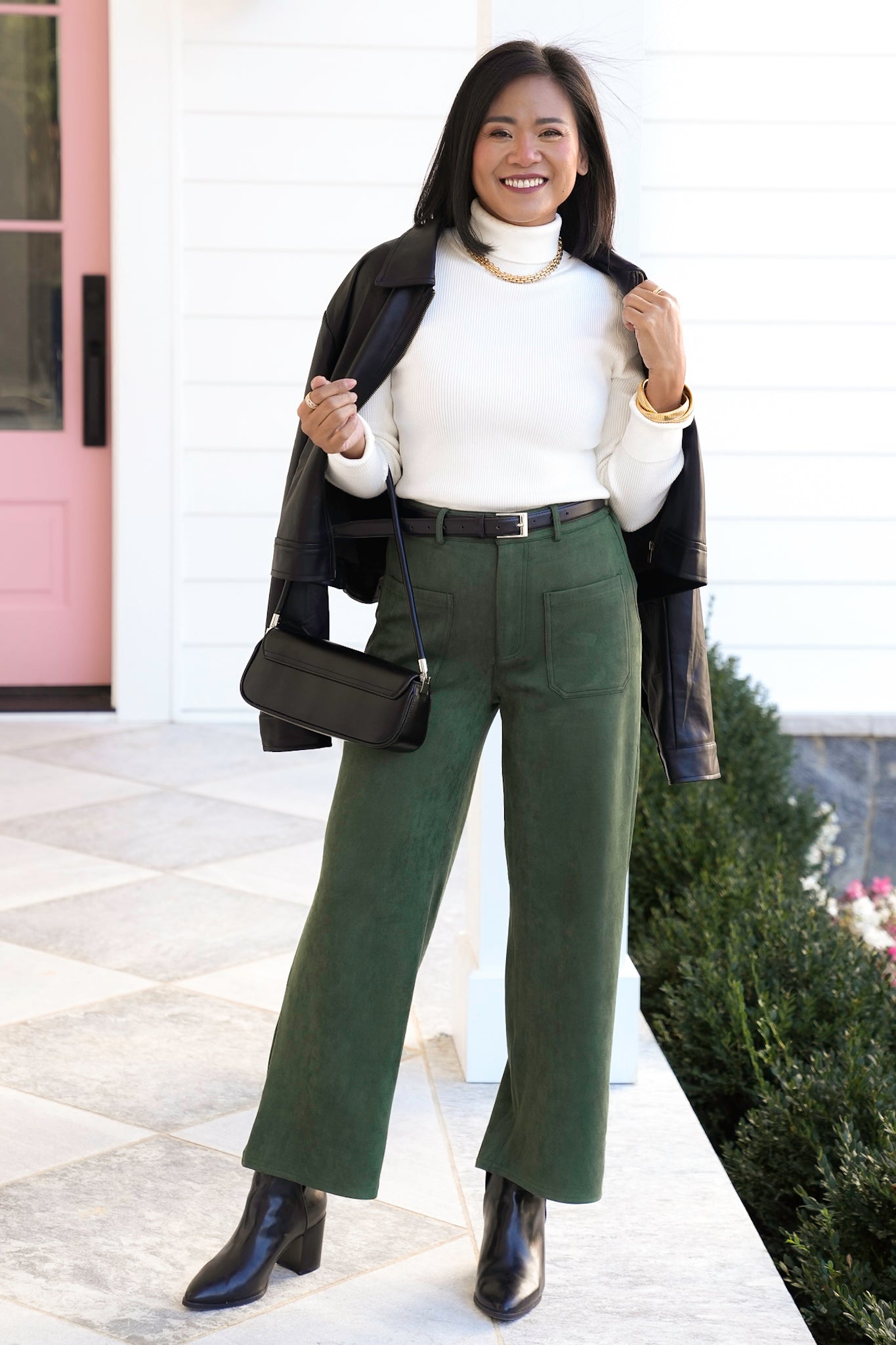 Plus/Reg Vegan Suede Elastic Waist Pants with Front Patch Pocket