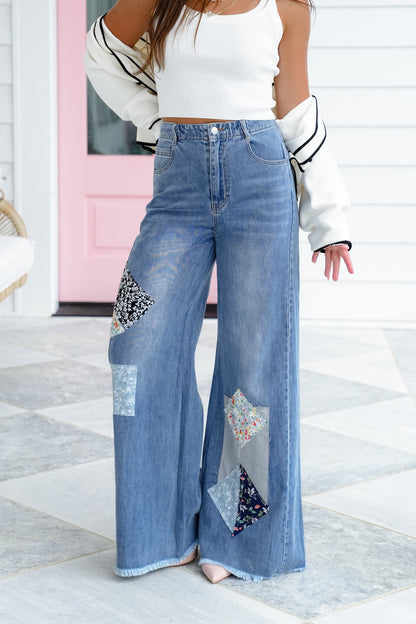 Plus/Reg Denim High Waist Wide Leg Knit Jean with Patchwork Detail