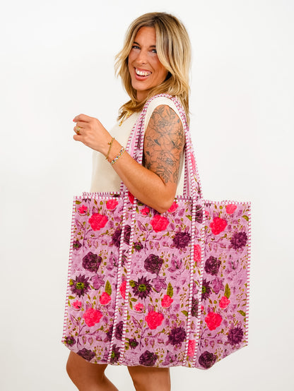 POL Plum Botanical Velvet Quilted Tote Bag