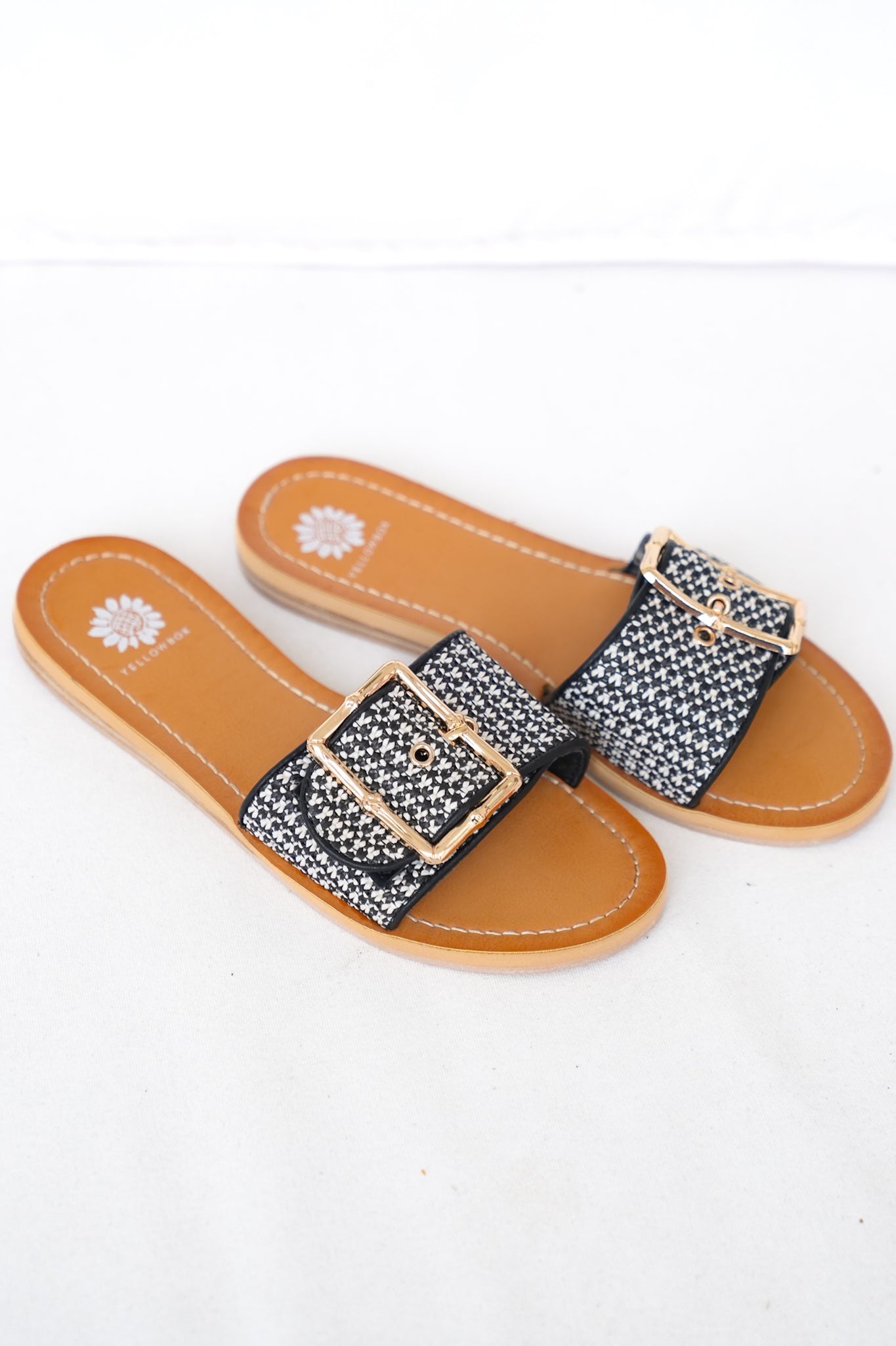Yellow Box Woven Buckle Slide Sandals
