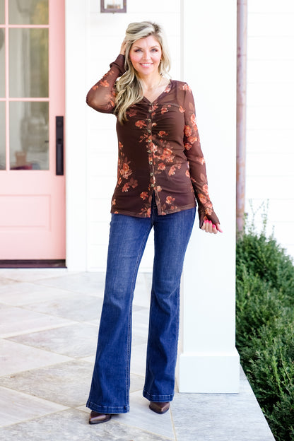 Floral Print Long Sleeve Button Up Mesh Top