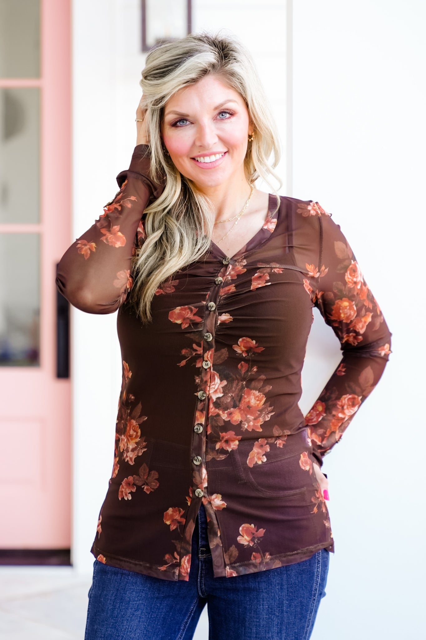 Floral Print Long Sleeve Button Up Mesh Top