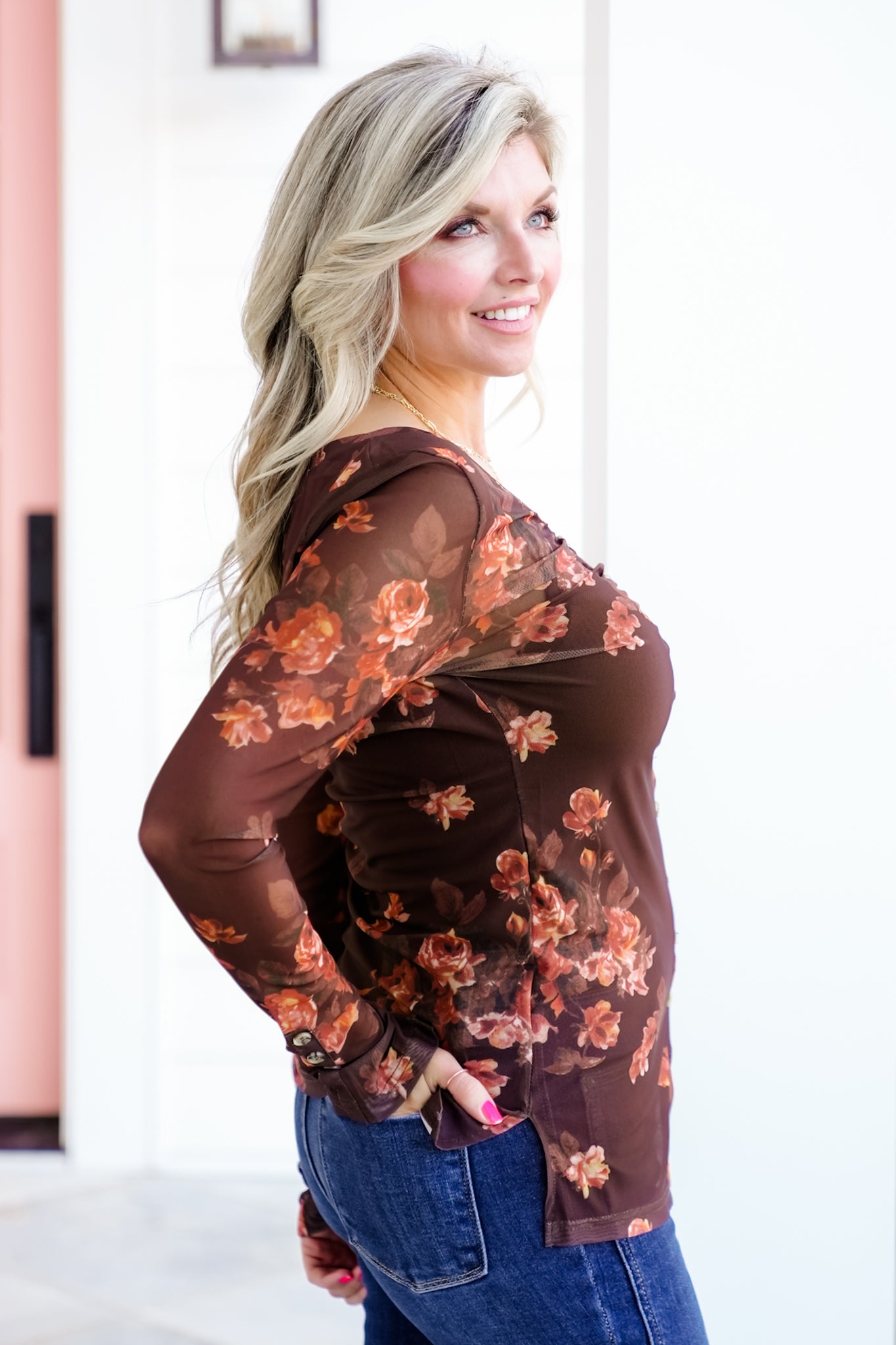 Floral Print Long Sleeve Button Up Mesh Top