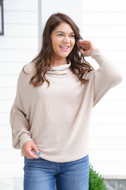 Plus/Reg Ribbed Long Sleeve Cowl Neckline Top