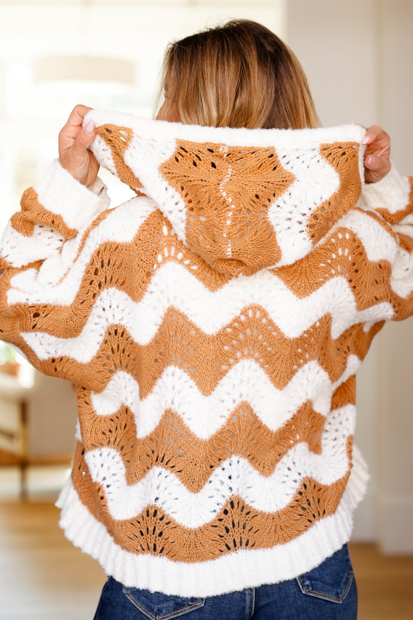 POL Chevon Print Long Sleeve Hoodie Sweater Top