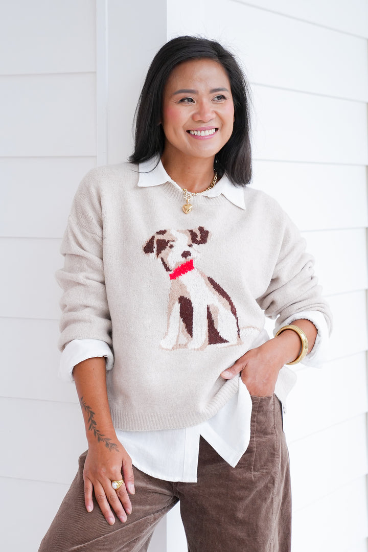 Puppy Graphic Long Sleeve Pullover Sweater