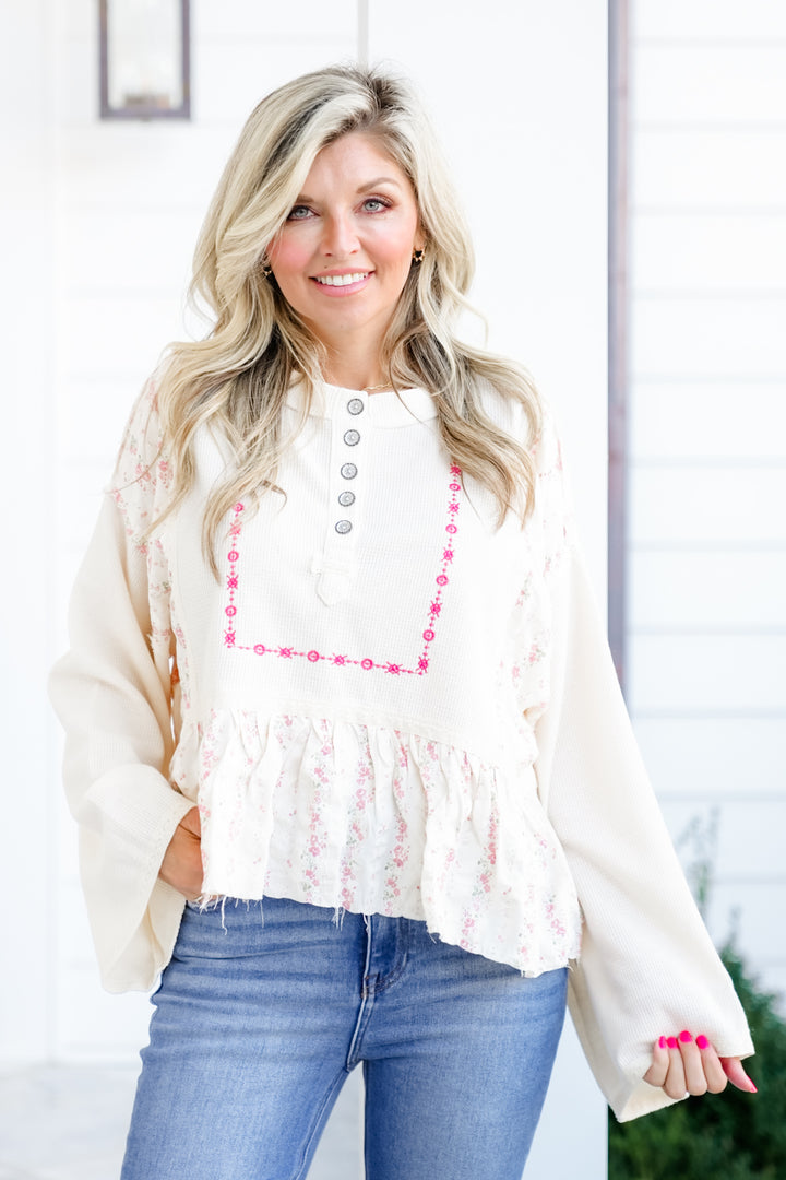 POL Thermal Long Sleeve Top with Floral Print