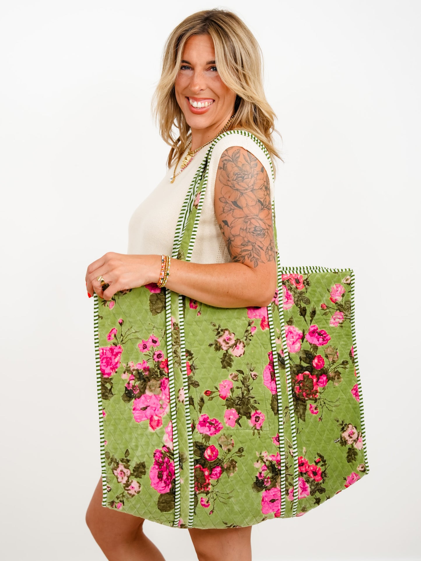 POL Lime Botanical Velvet Quilted Tote Bag