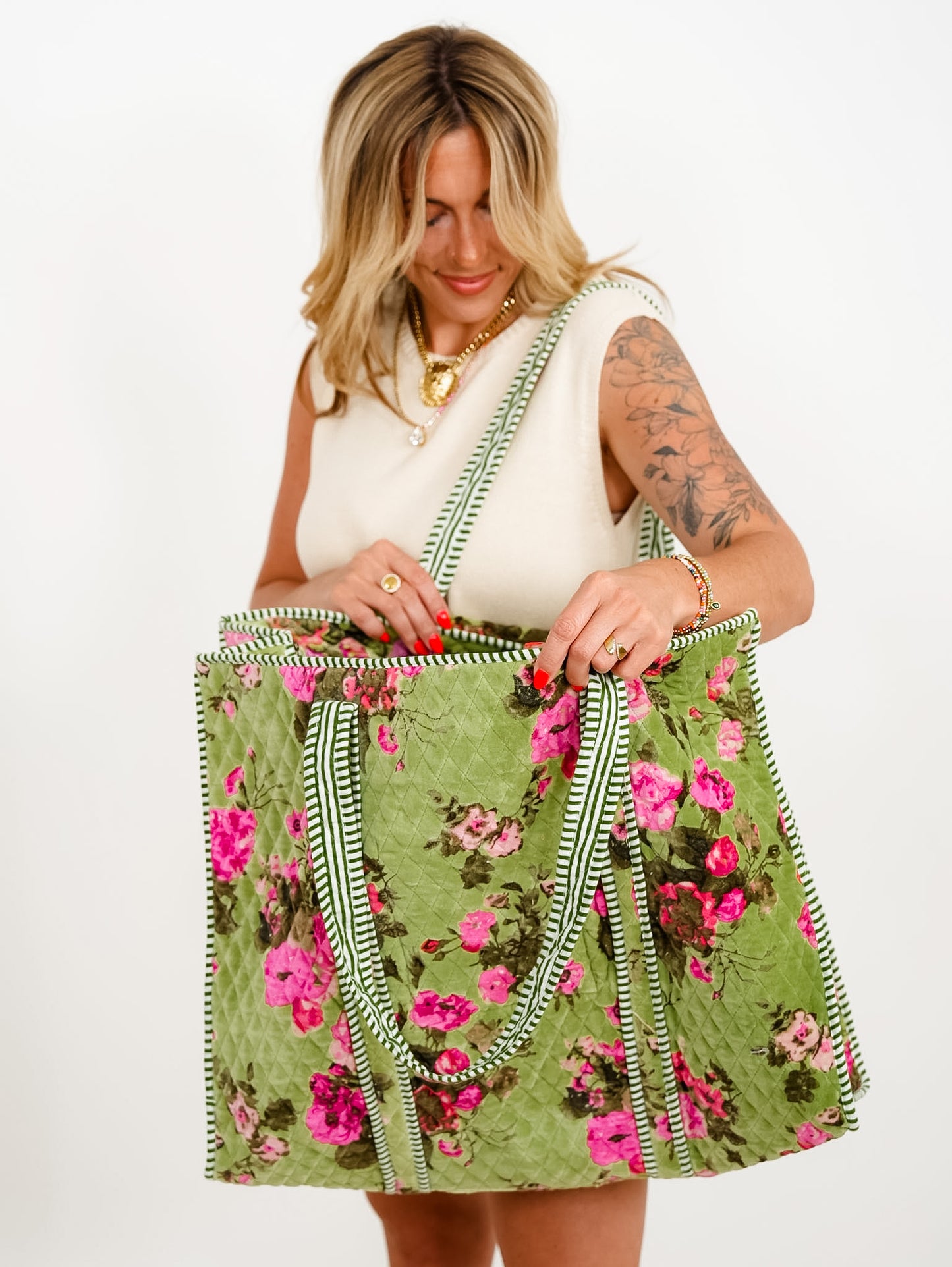 POL Lime Botanical Velvet Quilted Tote Bag