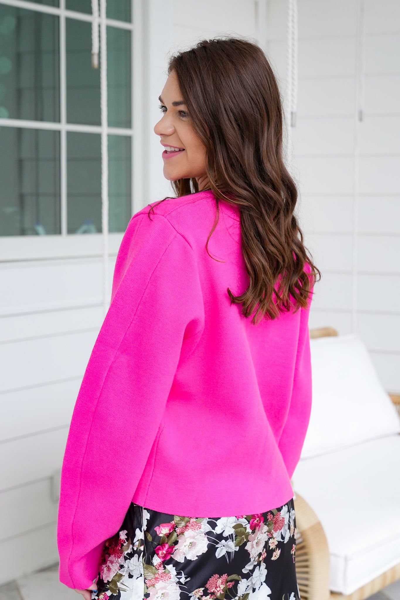 Pink Long Sleeve Button Down Cardigan with Patch Pockets