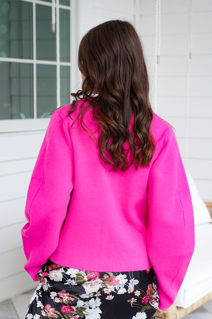 Pink Long Sleeve Button Down Cardigan with Patch Pockets