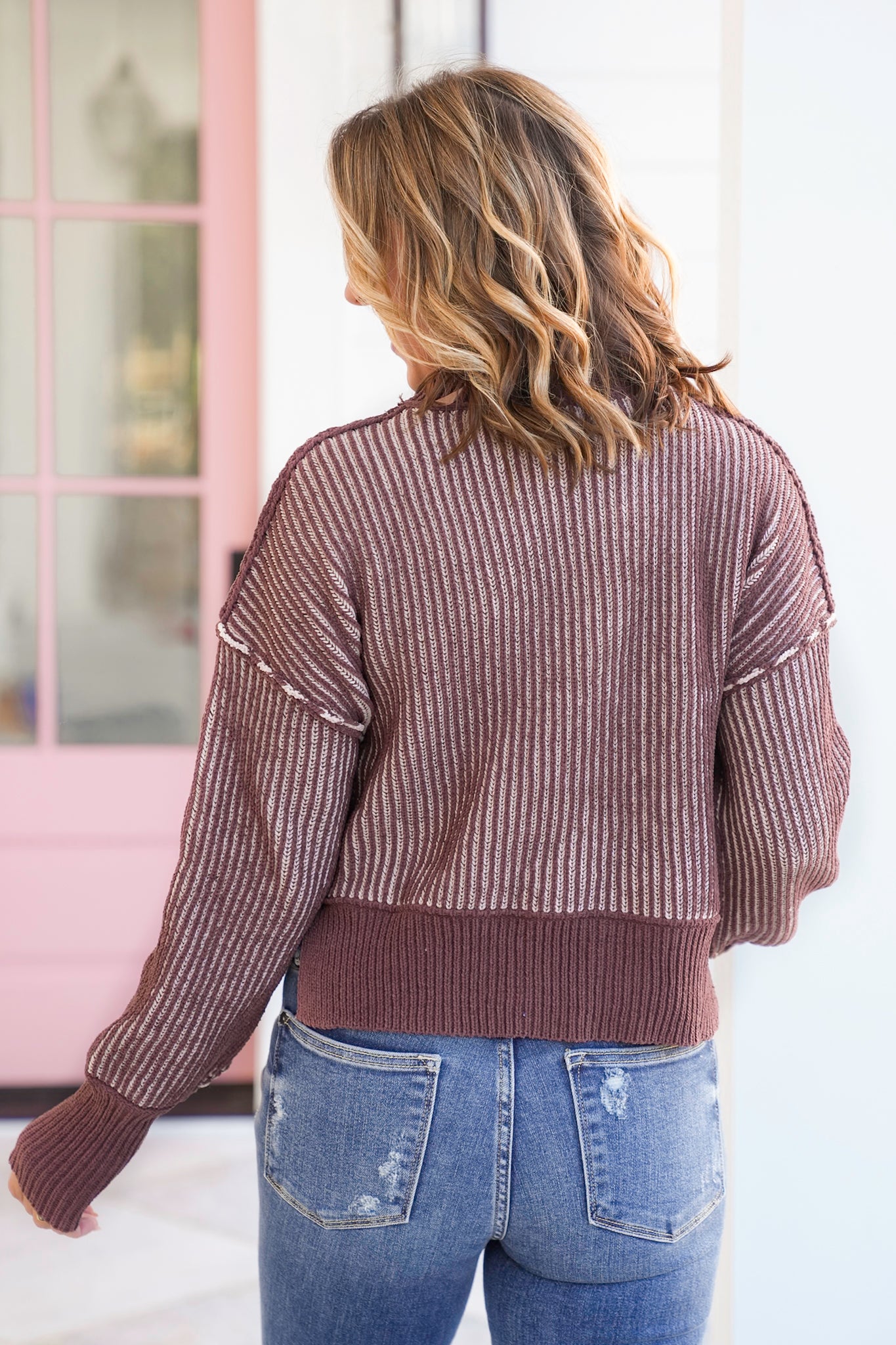 Two-Tone Ribbed Drop Shoulder Sweater