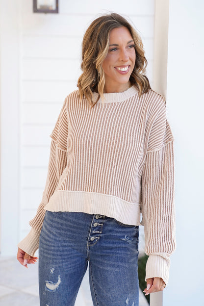 Two-Tone Ribbed Drop Shoulder Sweater