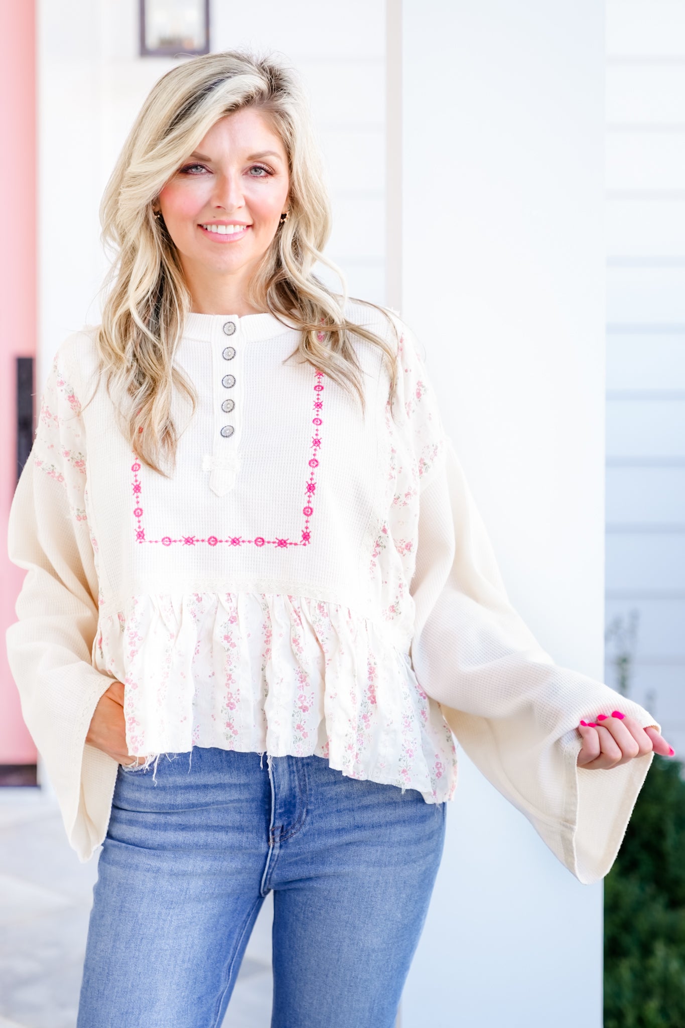 POL Thermal Long Sleeve Top with Floral Print