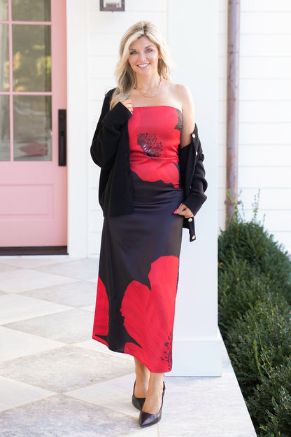 Satin Strapless Midi Dresses With Floral Print