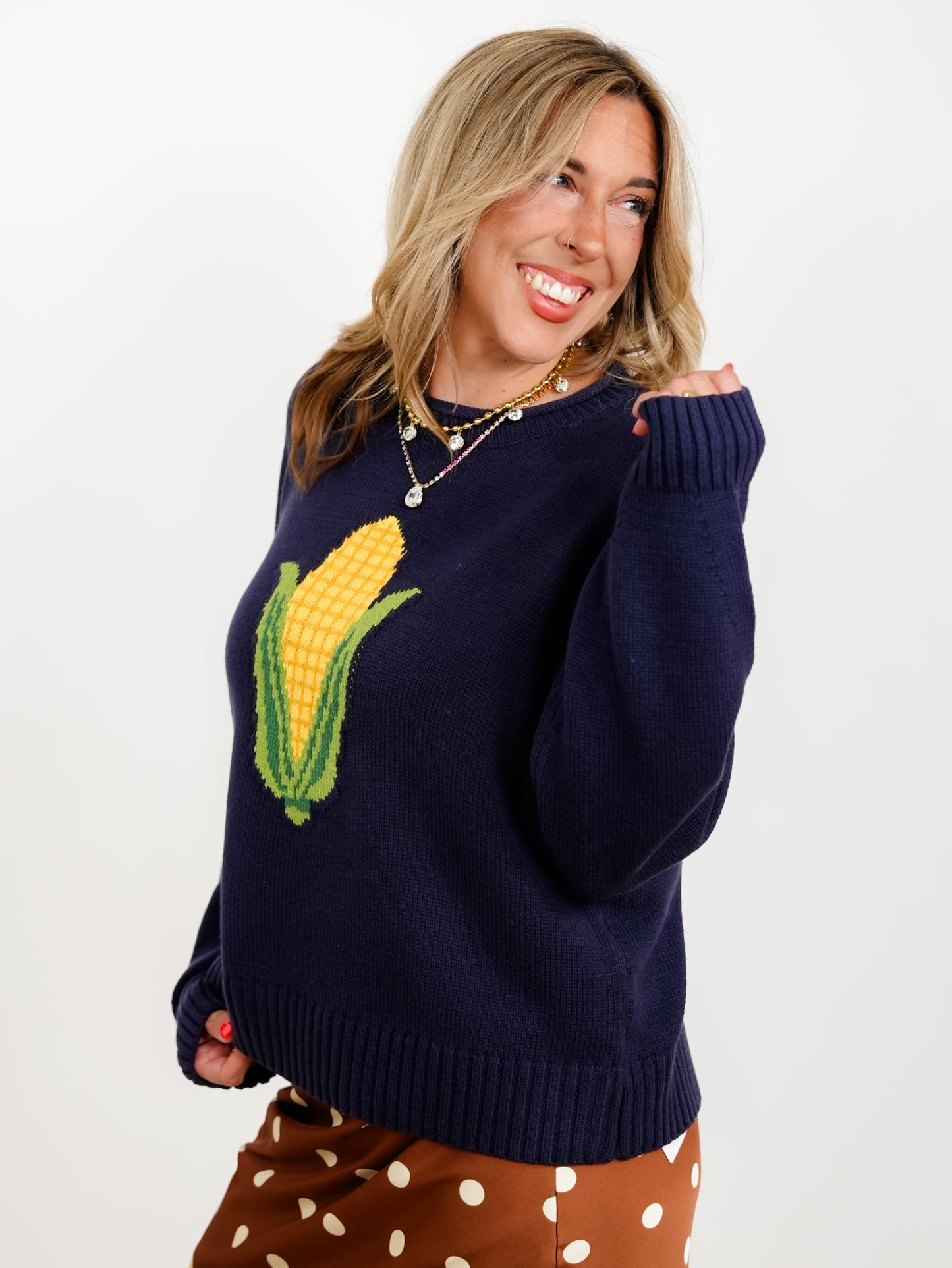 Long Sleeve Corn Motif Pullover Sweater