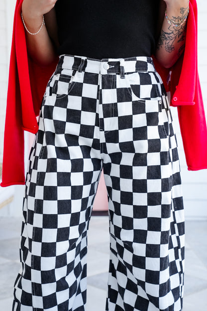 Plus/Reg Checkered Print Barrel Pants