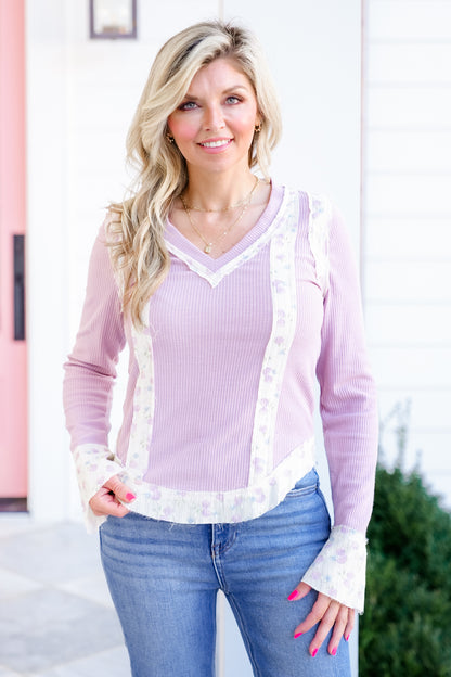 POL Ribbed Long Sleeve V Neck Top with Floral Accent