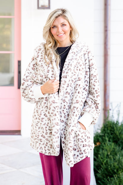 White Leopard Fleece Long Sleeve Hooded Open Front Jacket