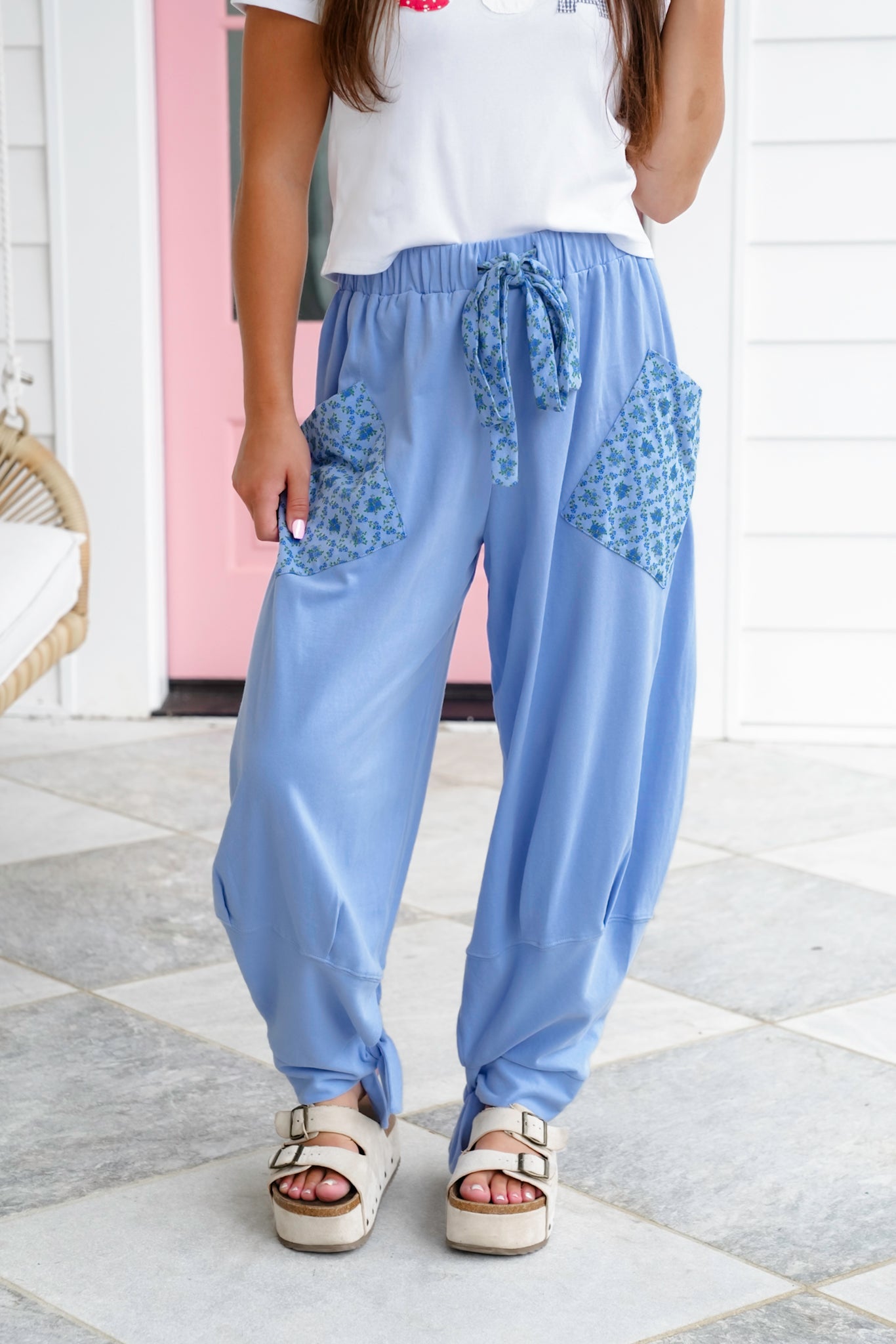 Elastic Waist Knit Joggers with Floral Detail