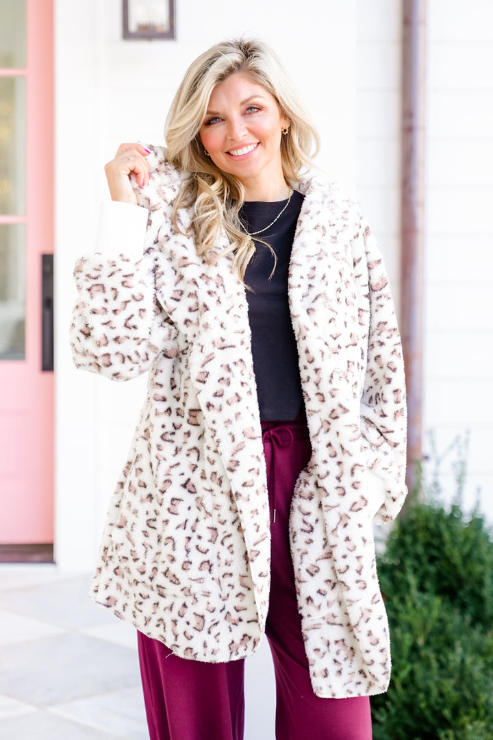 White Leopard Fleece Long Sleeve Hooded Open Front Jacket