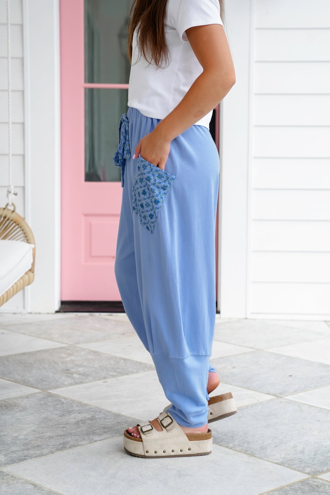 Elastic Waist Knit Joggers with Floral Detail