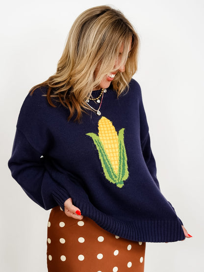 Long Sleeve Corn Motif Pullover Sweater