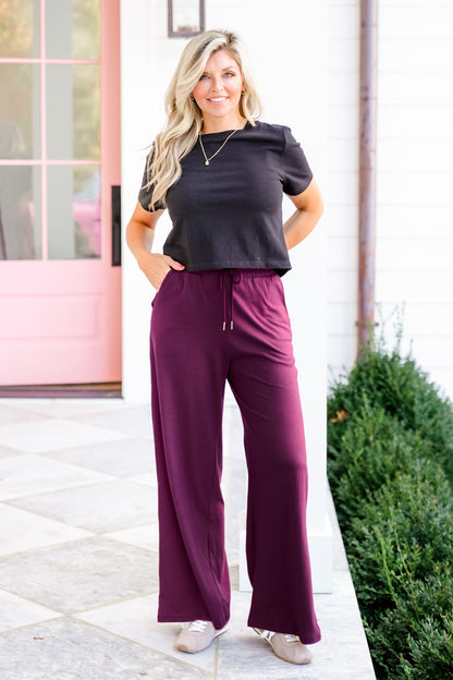 Solid Cotton Elastic Waist Wide Leg Pants