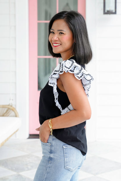 Eyelet Ruffle Sleeve Knit Top