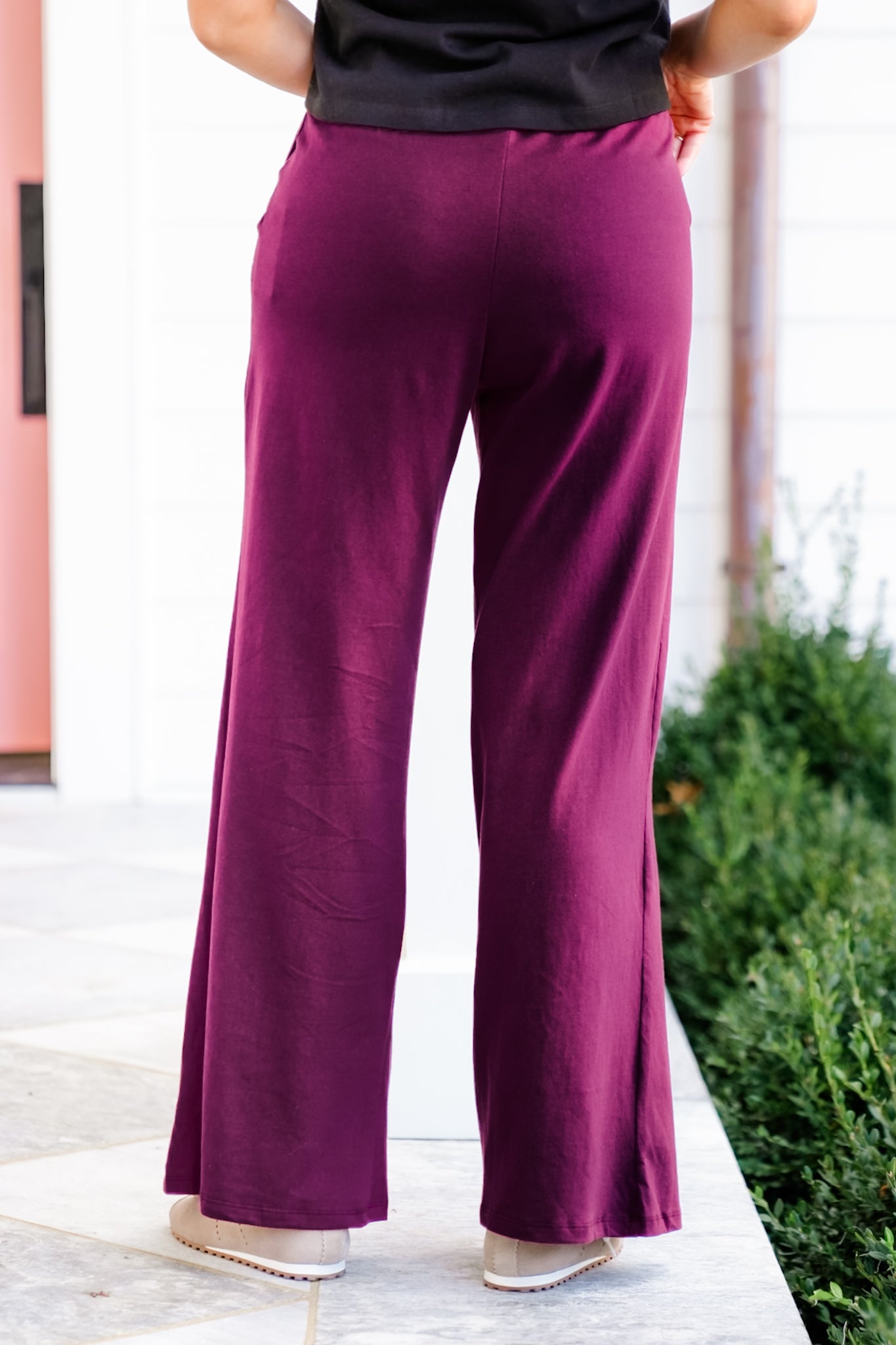 Solid Cotton Elastic Waist Wide Leg Pants