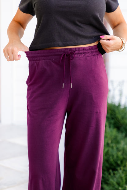 Solid Cotton Elastic Waist Wide Leg Pants