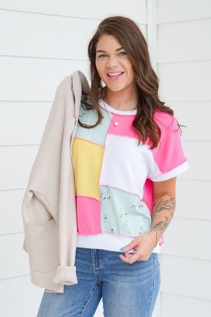 Plus/Reg Urban Ribbed Color Block Short Sleeve Top with Floral Detail