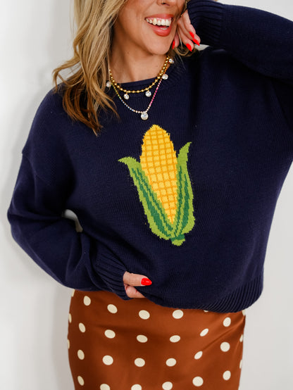 Long Sleeve Corn Motif Pullover Sweater
